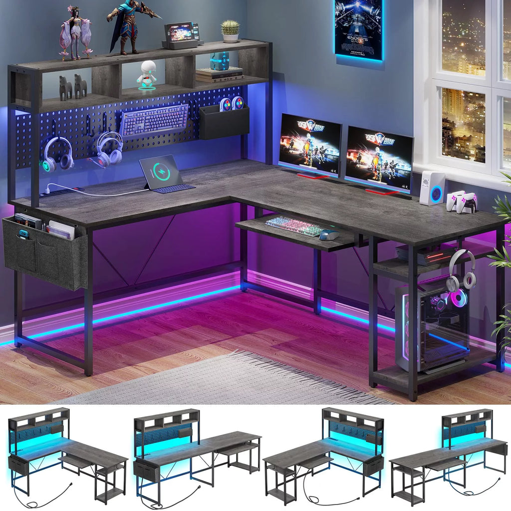 L Shaped Gaming Desk with Power Outlet and Pegboard H611452