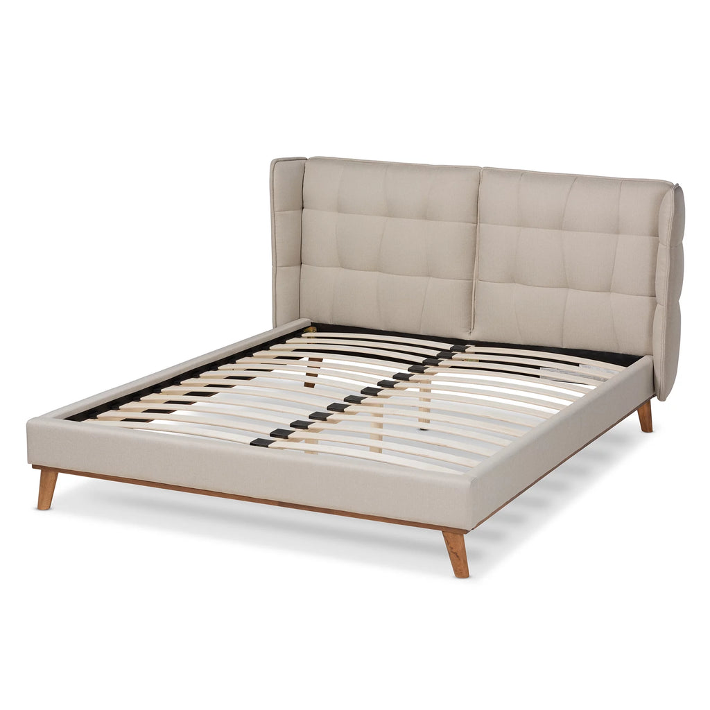Light Beige Fabric Upholstered Walnut Brown Wood King Size Platform Wingback Bed B975