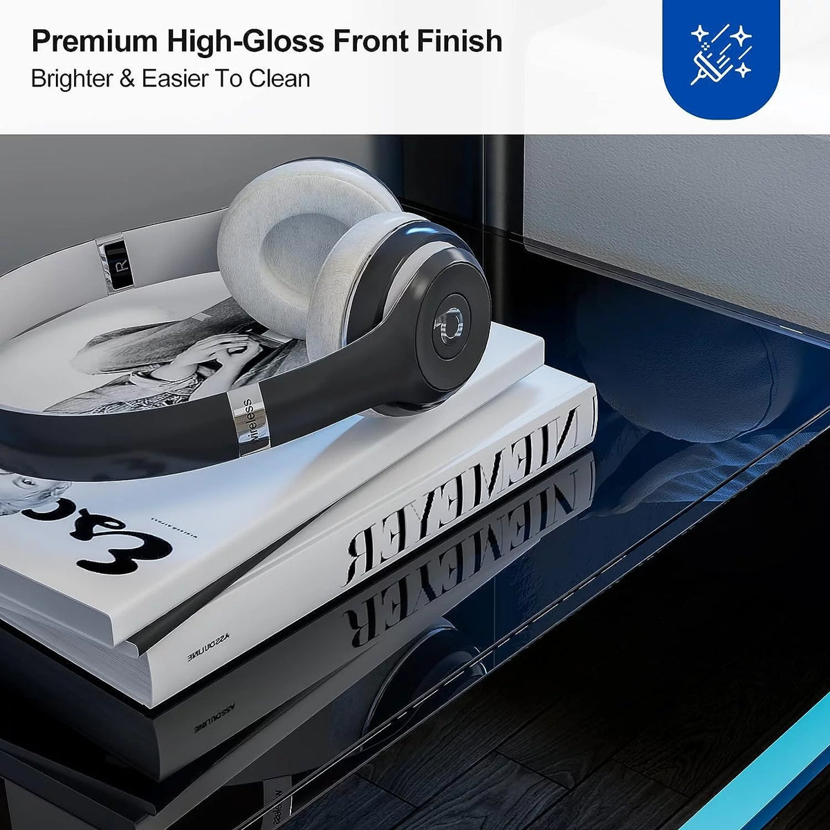 Black Modern LED Nightstand Set of 2 with 2 High Glossy Drawers T46193