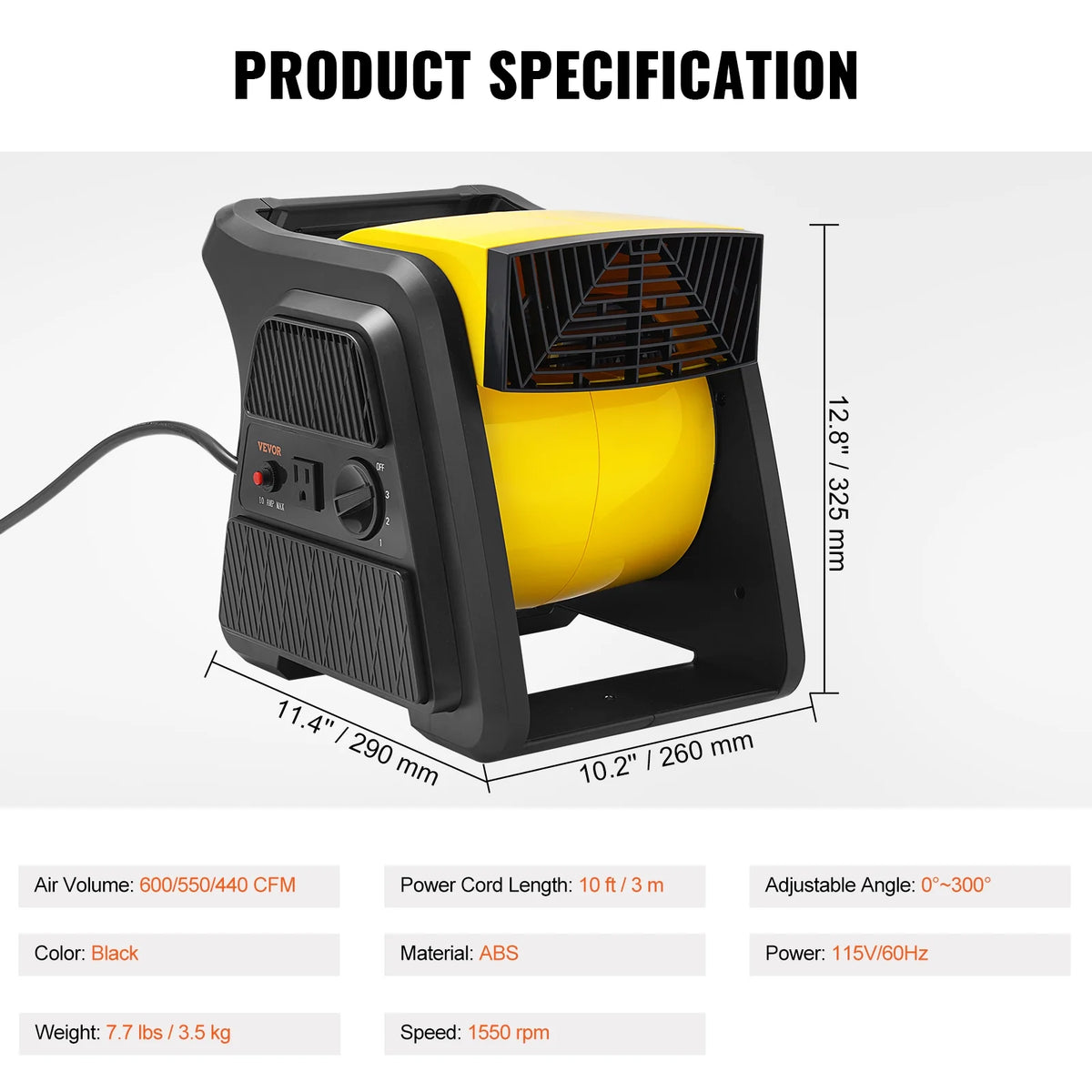 600 CFM 3-Speed Portable Floor Blower Fan T7526