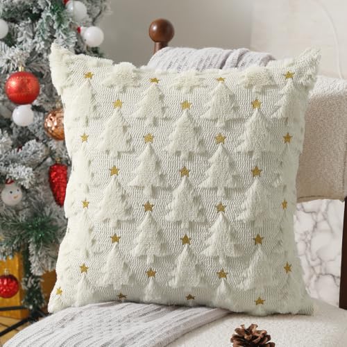 Dark Green Christmas Tree Pillow Covers 18 x 18 inch Set of 2 Plush Faux Fur I12057