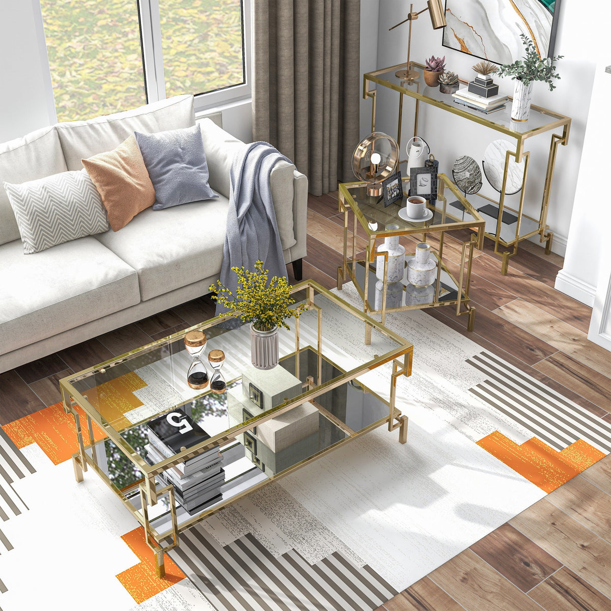 Glass Top 3-Piece Coffee Table Set with Shelf W6540