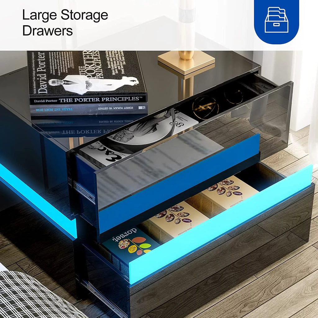 Black Modern LED Nightstand Set of 2 with 2 High Glossy Drawers T46193