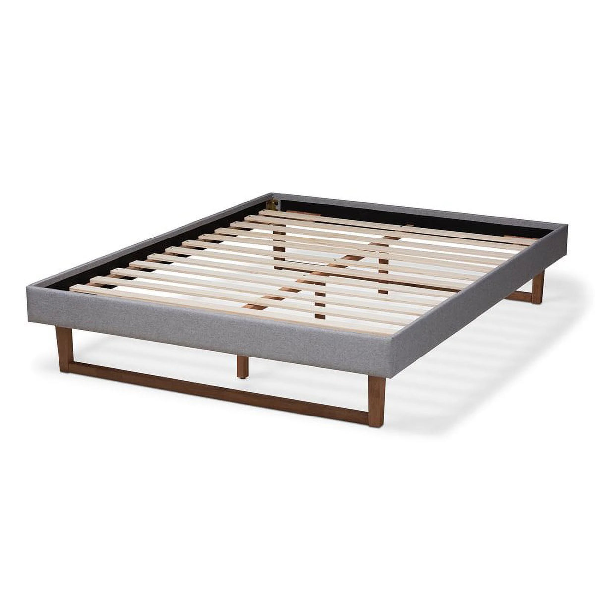 Mid-Century Wood and Fabric Queen Platform Bed I805