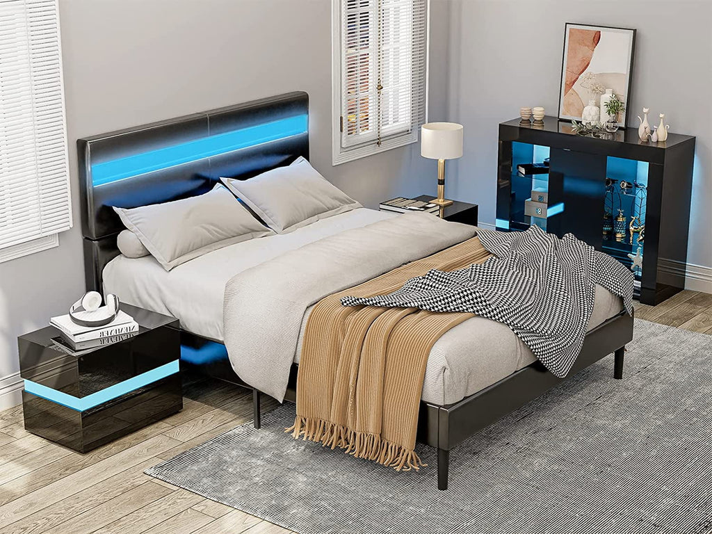 Black Modern LED Nightstand Set of 2 with 2 High Glossy Drawers T46193