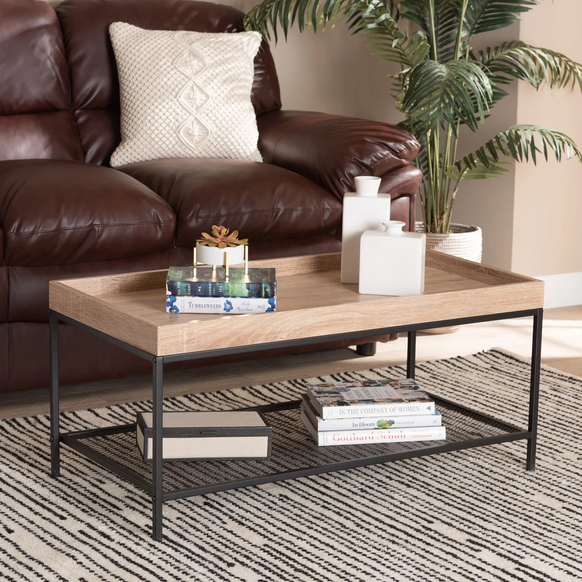 Oak Brown Finished Wood And Black Metal Coffee Table S858