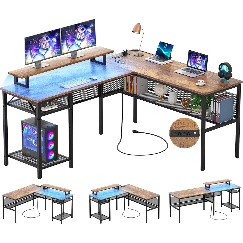 55 Inch Reversible L Shaped Computer Desk with Power Outlets V31929