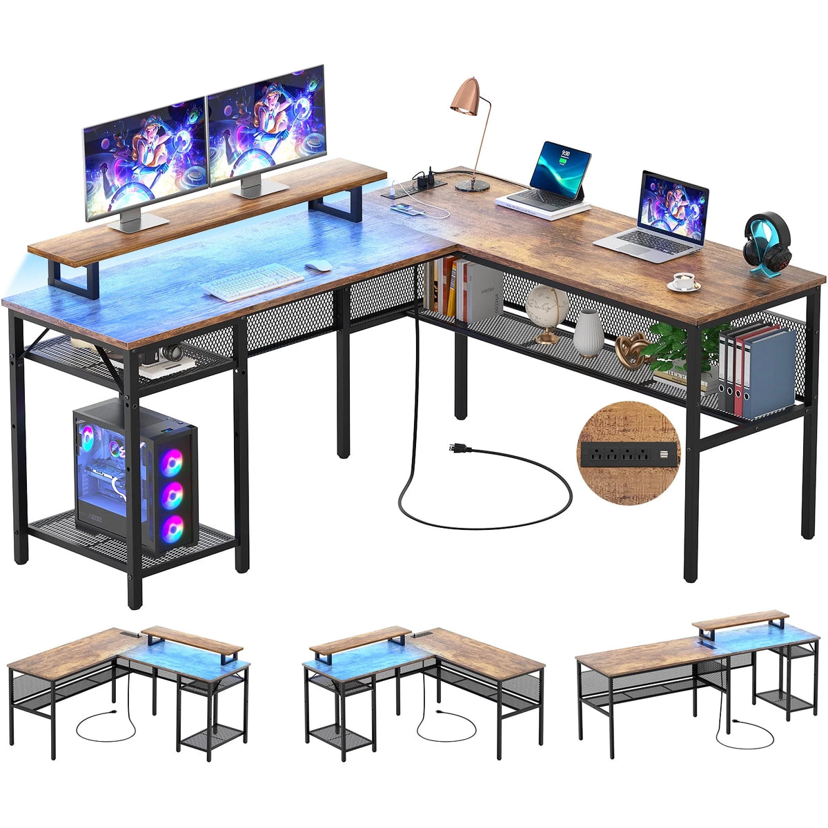 55 Inch Reversible L Shaped Computer Desk with Power Outlets V31929