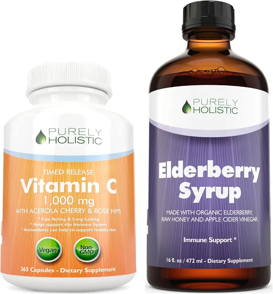 Vitamin C 1000mg + Organic Elderberry Syrup Bundle - 365 Vegan Capsules + 16 fl oz K654031