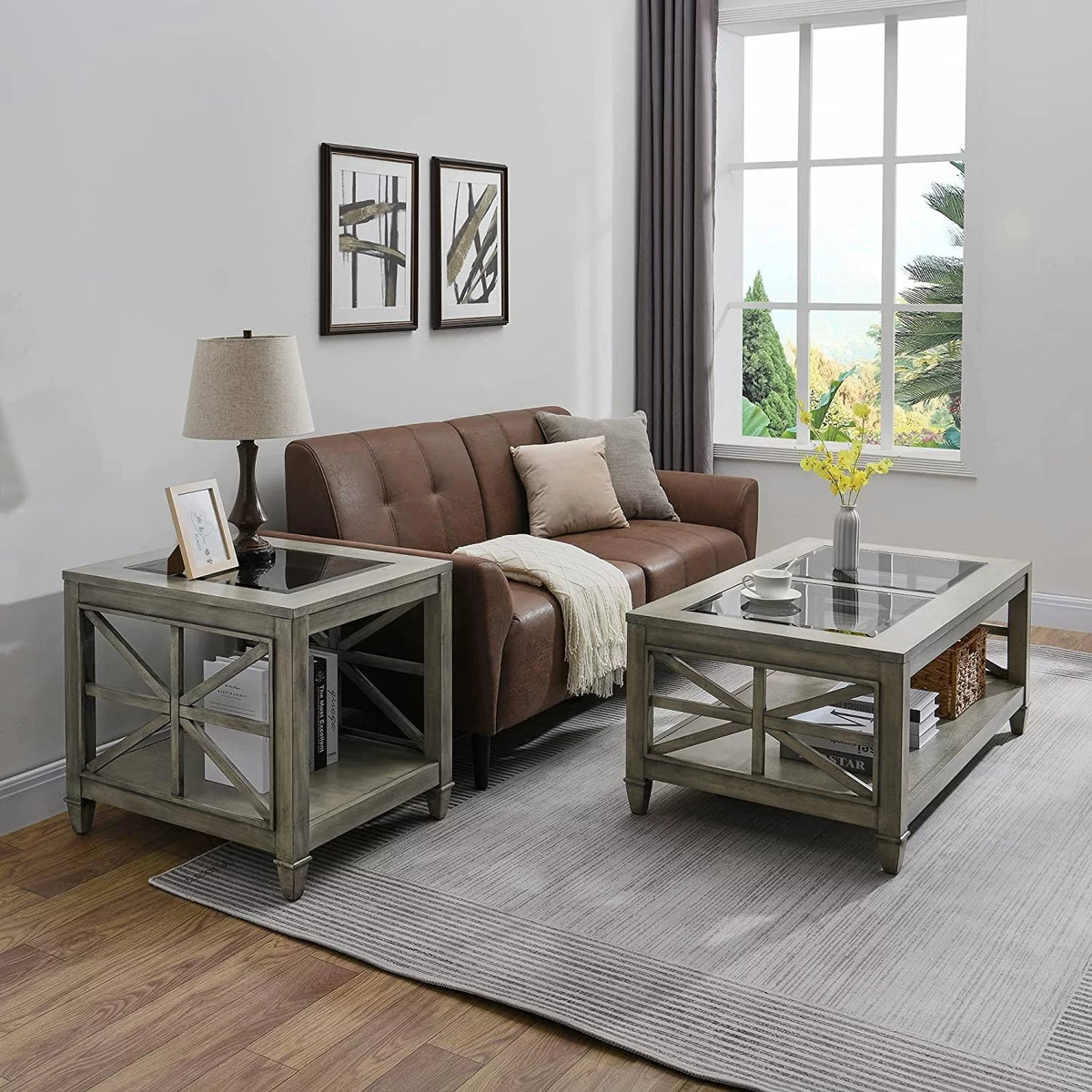 Square Wood End Table with Glass Top Grey S293496