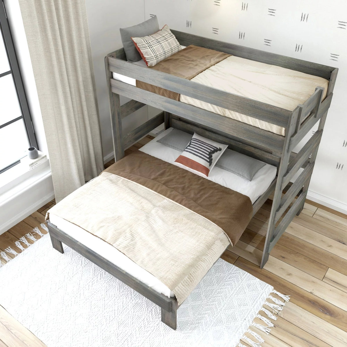 Solid Wood Twin over Queen L-Shaped Bunk Bed V646