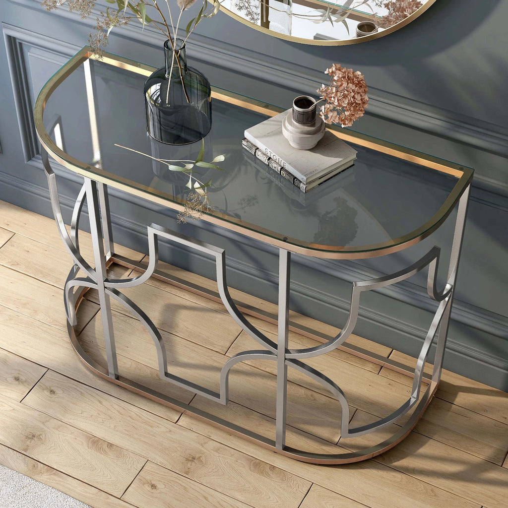 Glass Top Chrome and Gold Sofa Table M4060