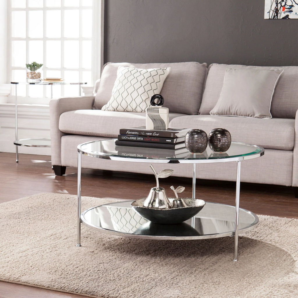 Mirrored Glass Round Coffee Table Set N929186