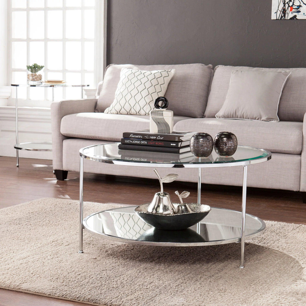 Mirrored Glass Round Coffee Table Set N929186