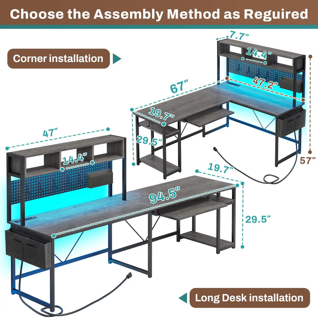 L Shaped Gaming Desk with Power Outlet and Pegboard H611452