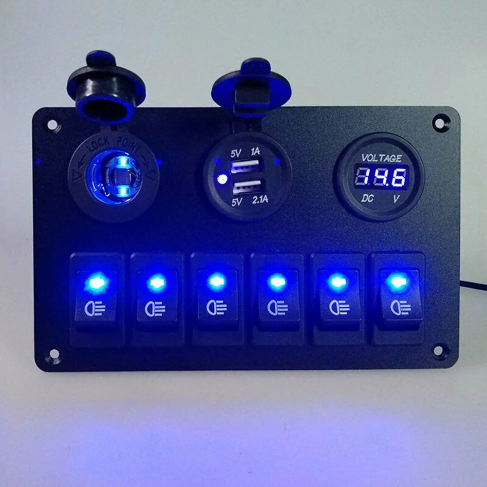 6 Gang Blue LED Waterproof Rocker Switch Panel O1162