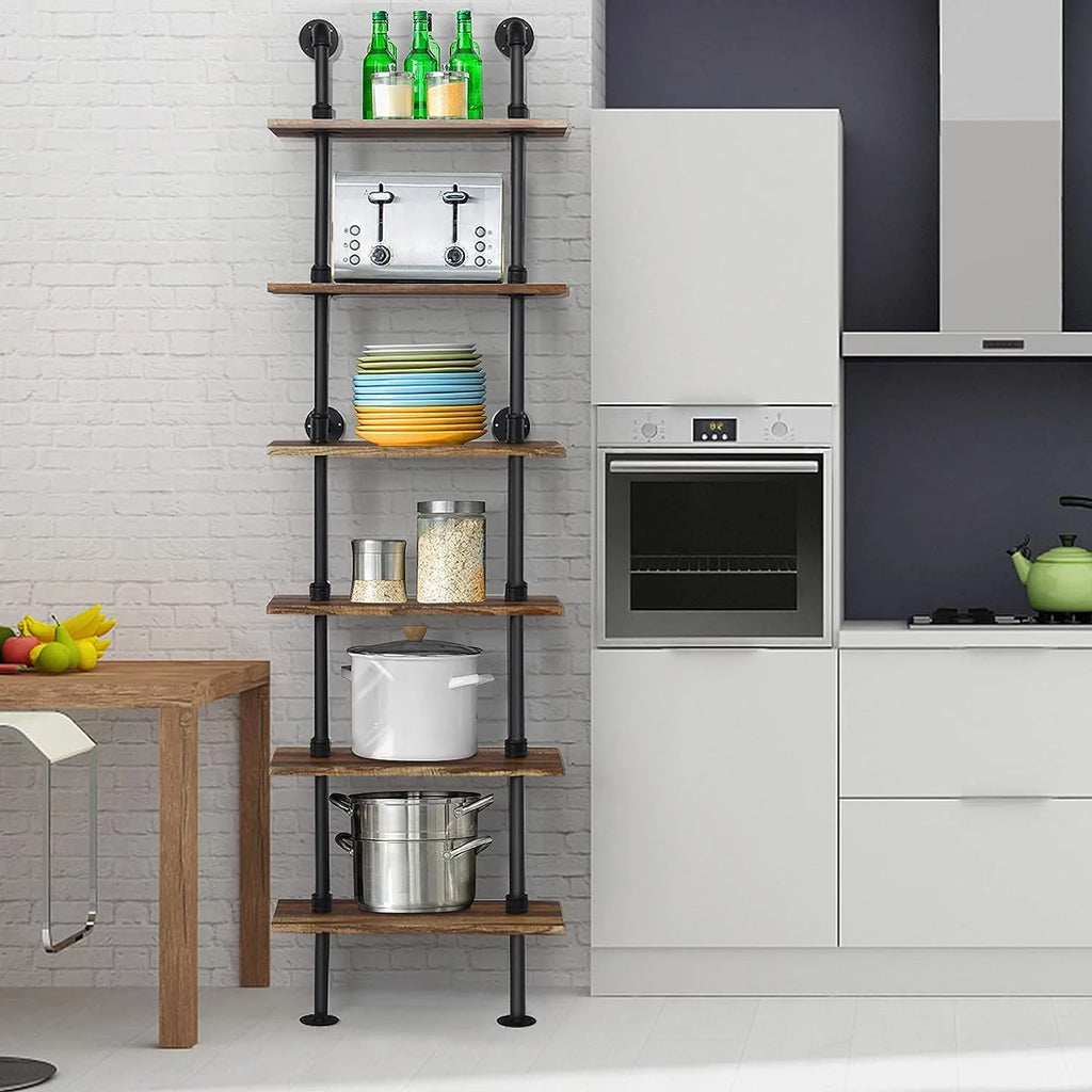 6-Tier 82 inch Wall-Mounted Pipe Bookshelf with Metal Frame X66887