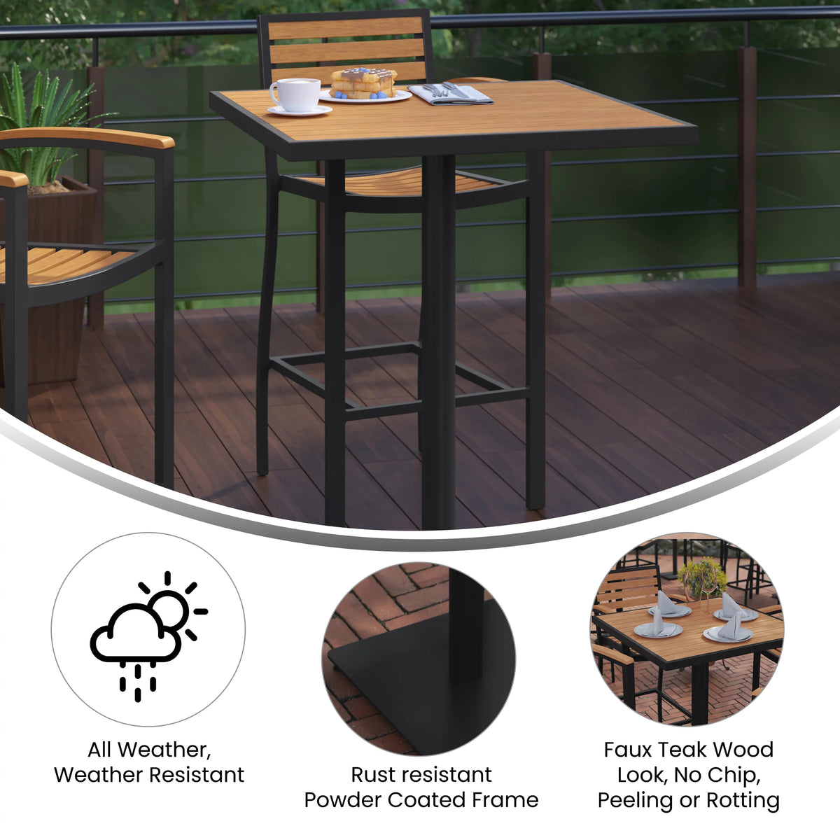 32" Square Outdoor Bar Height Table with Faux Teak Slats B4847
