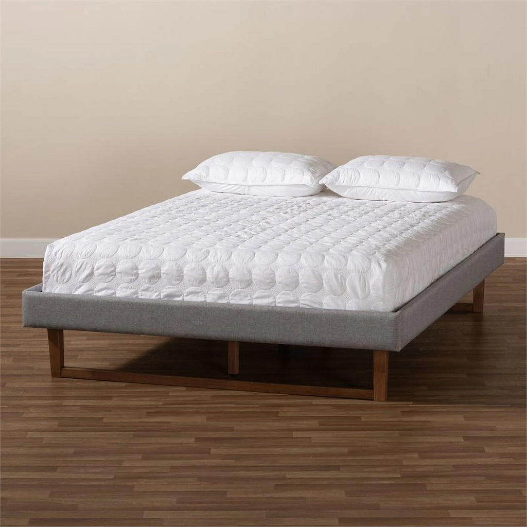 Mid-Century Wood and Fabric Queen Platform Bed I805