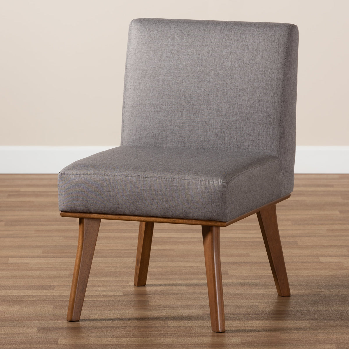 Grey Fabric Upholstered Walnut Brown Wood Dining Chair J862