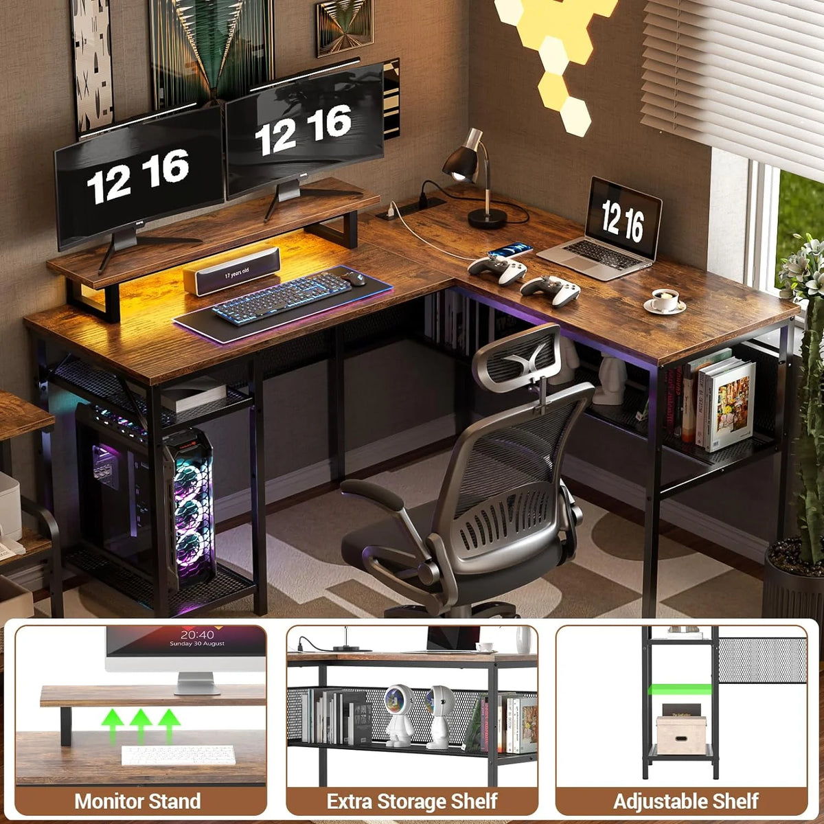 55 Inch Reversible L Shaped Computer Desk with Power Outlets V31929