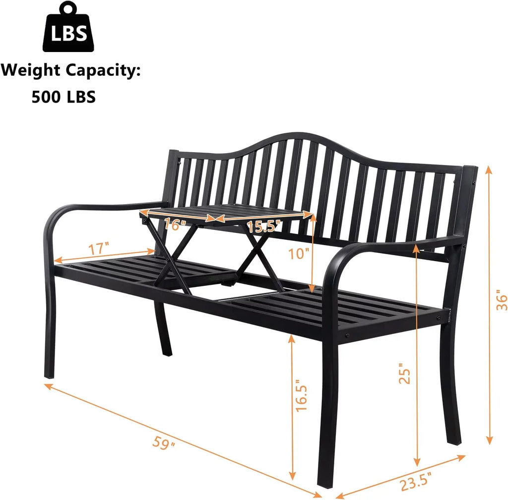 Black Outdoor Bench with Pullout Middle Table V38298