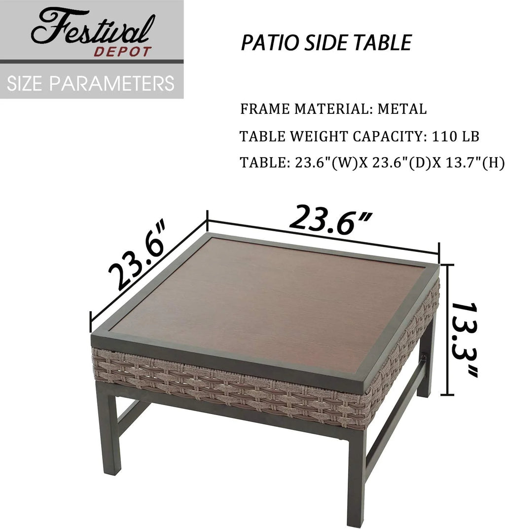Patio Side End Coffee Table with Metal Steel Frame Wood Grain Desktop Rattan Wicker M238571