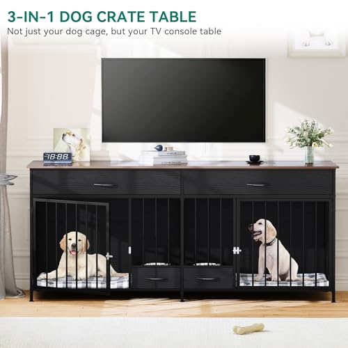 Brown Wooden Double Dog Crate TV Stand with Storage P9005