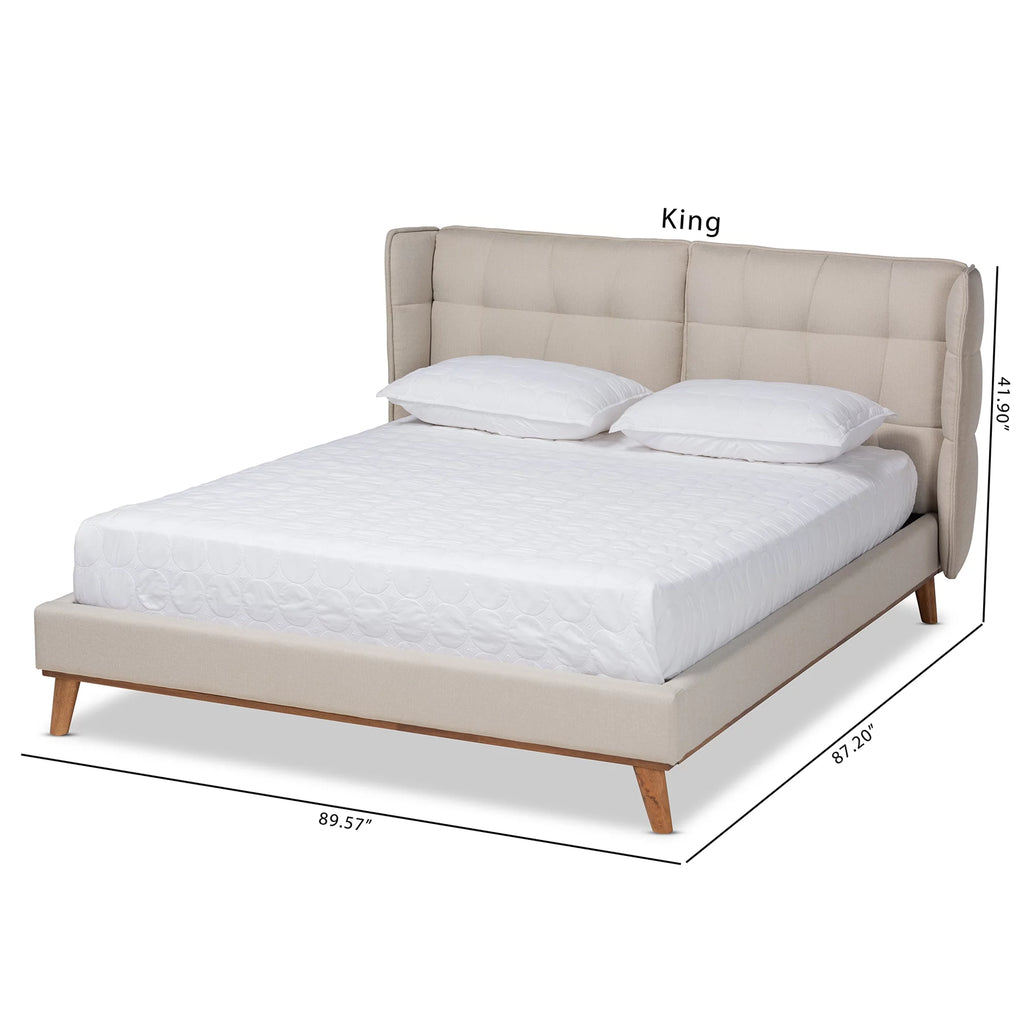 Light Beige Fabric Upholstered Walnut Brown Wood King Size Platform Wingback Bed B975