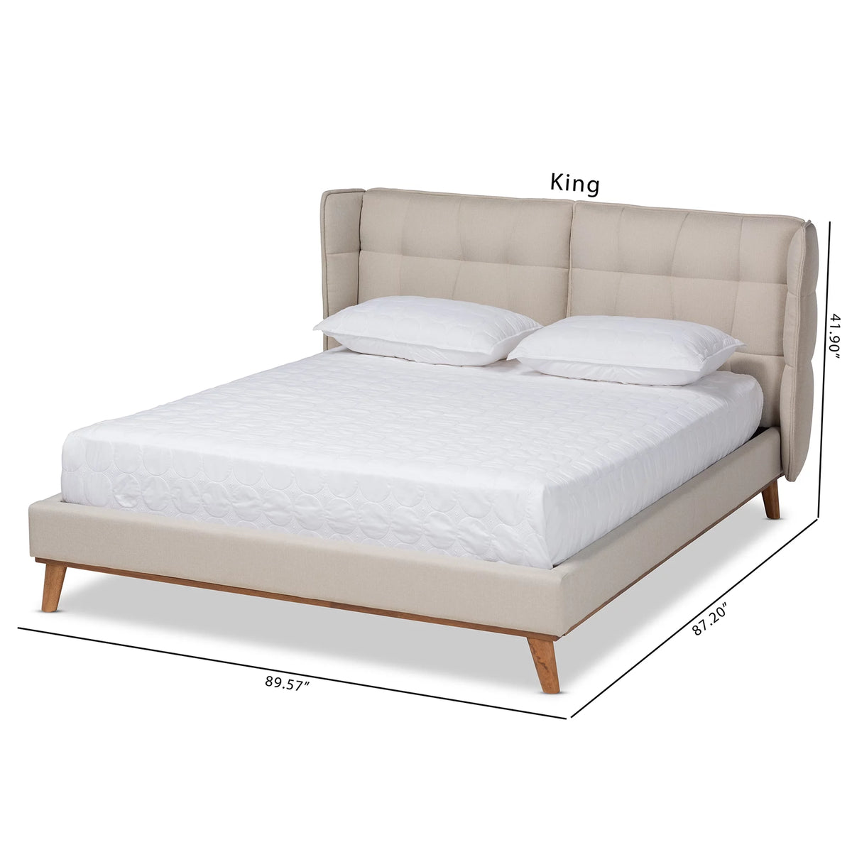 Light Beige Fabric Upholstered Walnut Brown Wood King Size Platform Wingback Bed B975