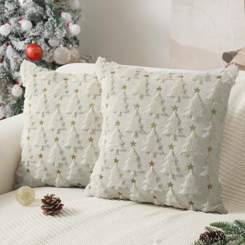 Dark Green Christmas Tree Pillow Covers 18 x 18 inch Set of 2 Plush Faux Fur I12057