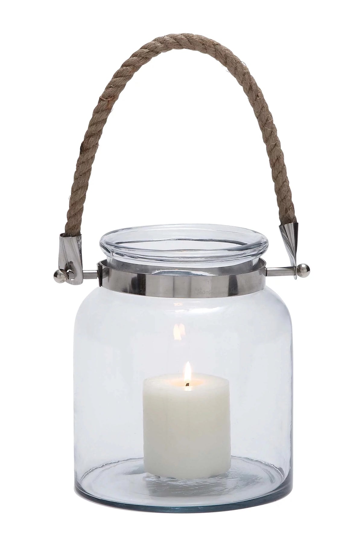 Clear Glass Handmade Decorative Candle Lantern with Rope Handle K1518