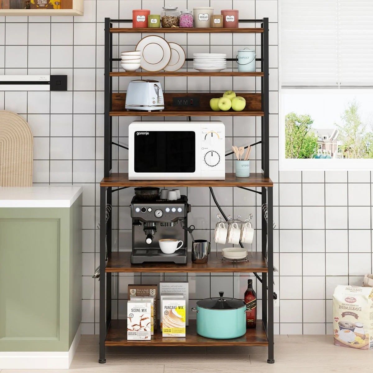 Rustic Brown 6-Tier Bakers Rack with Power Outlets S523