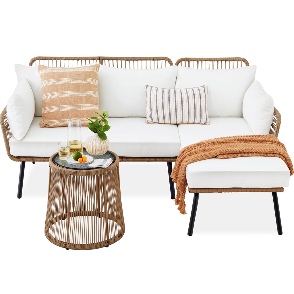 White L-Shaped Rope Woven Sofa Set with Table I6551