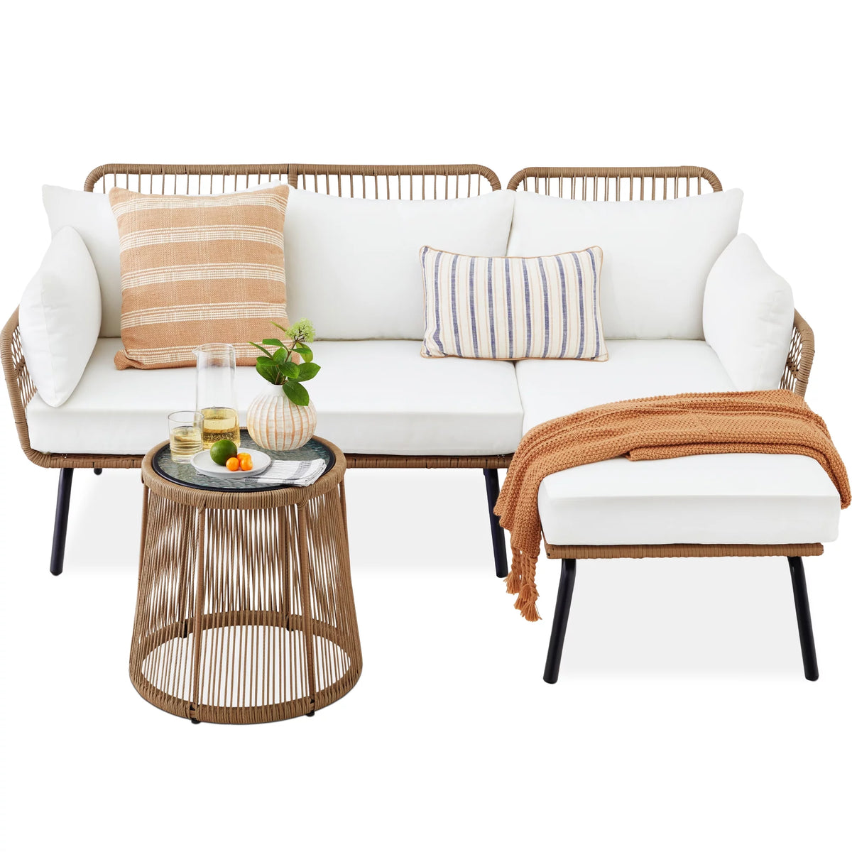 White L-Shaped Rope Woven Sofa Set with Table I6551