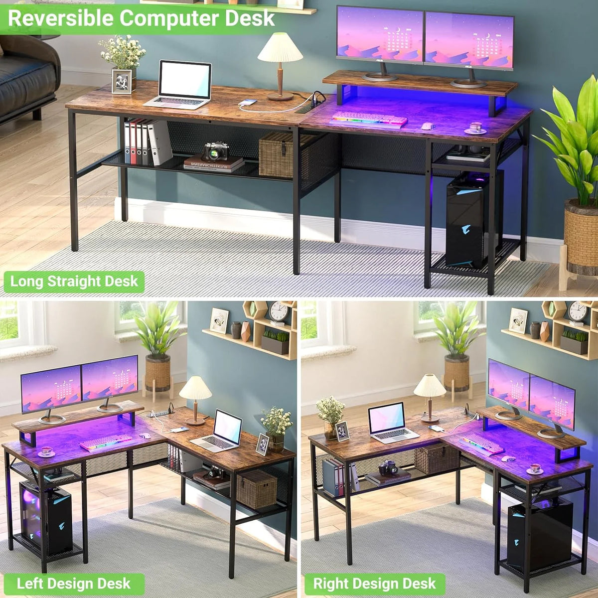 55 Inch Reversible L Shaped Computer Desk with Power Outlets V31929