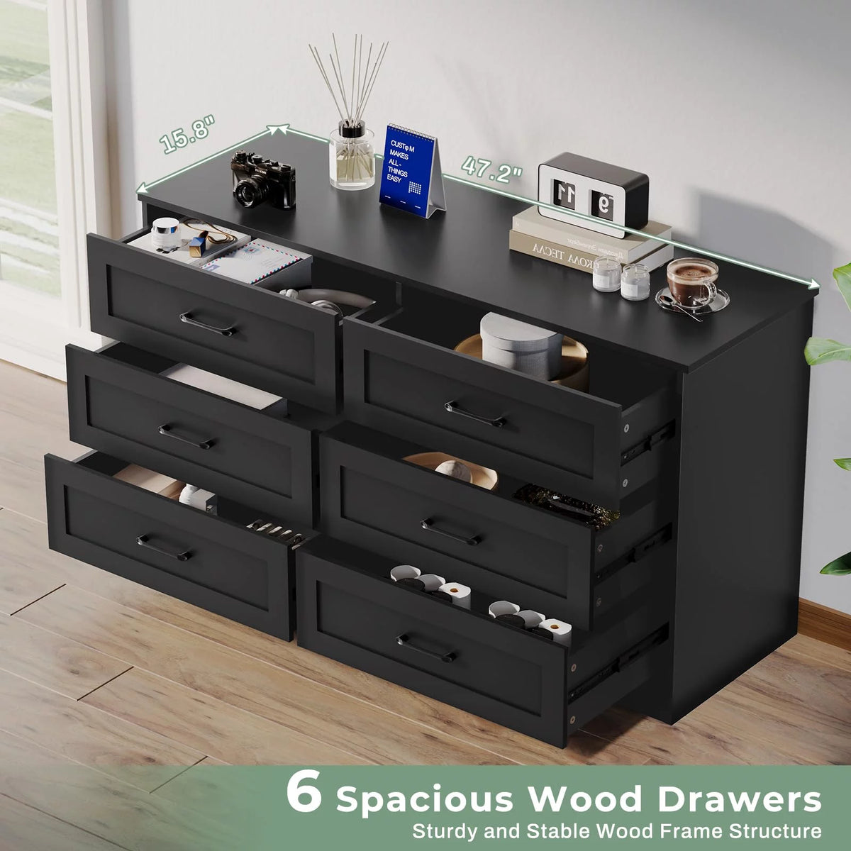 Black 6 Drawer Wood Dresser S489484