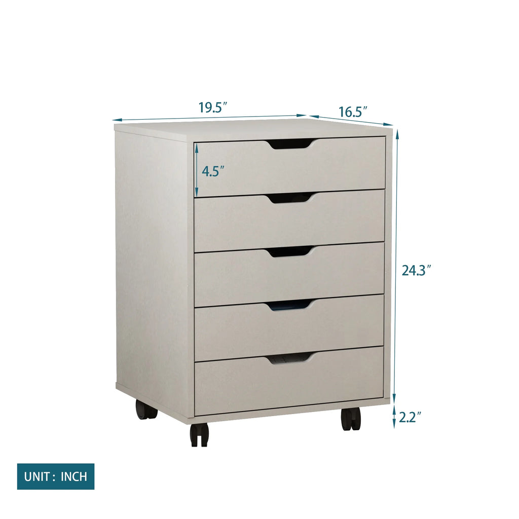 White 5 Drawer Rolling Filing Cabinet K9860