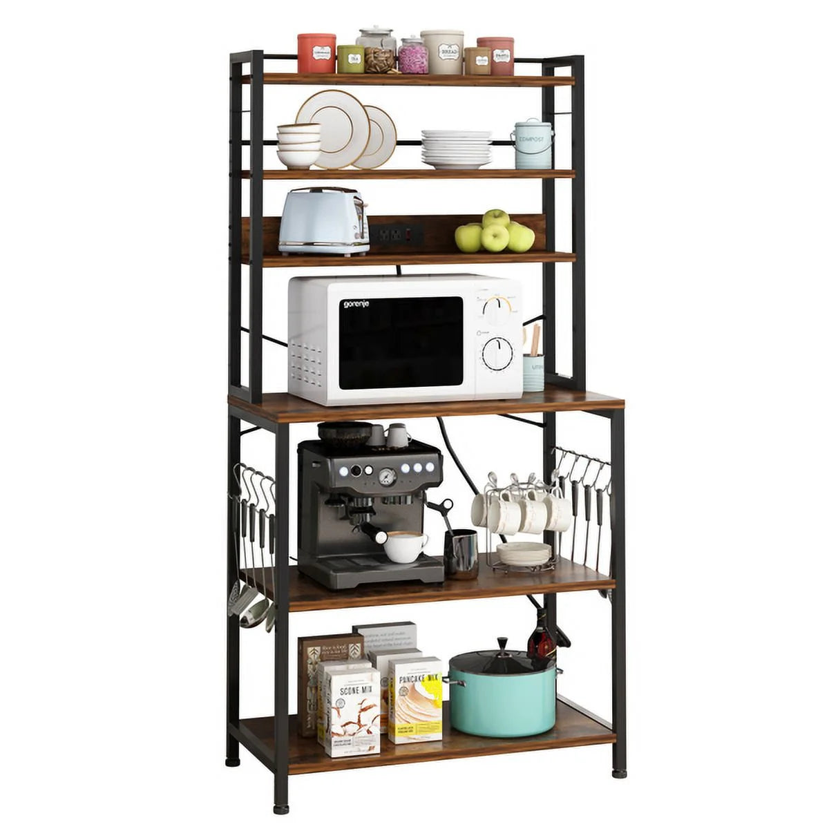 Rustic Brown 6-Tier Bakers Rack with Power Outlets S523