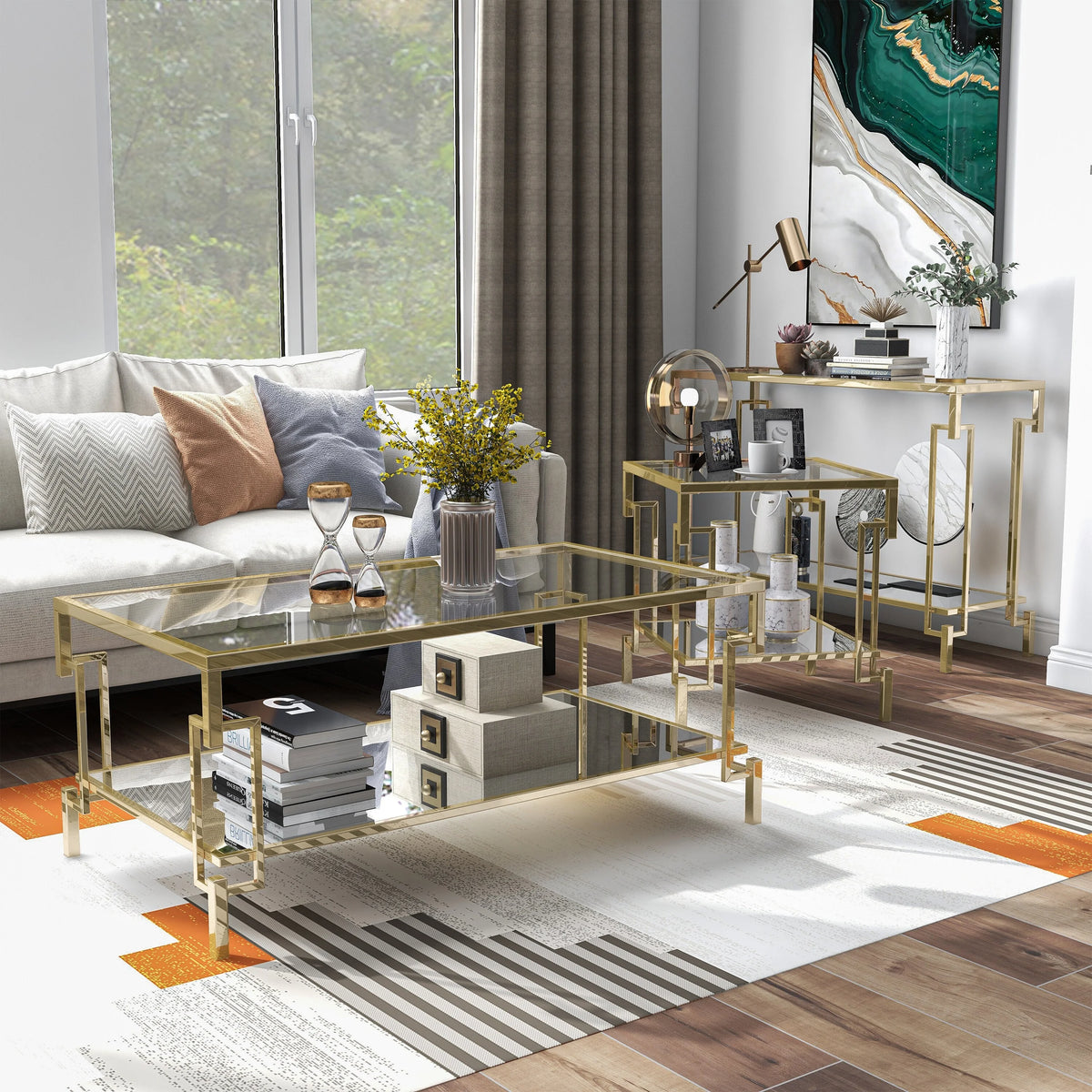 Glass Top 3-Piece Coffee Table Set with Shelf W6540
