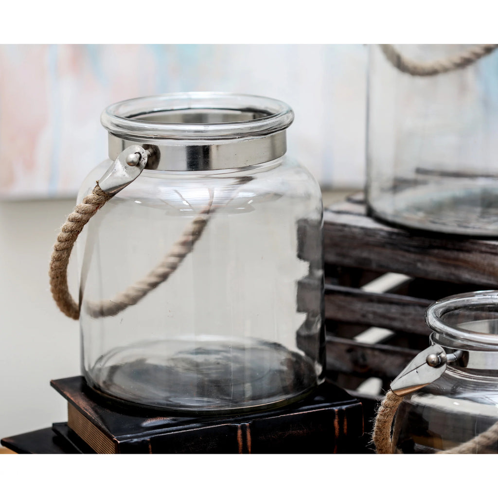 Clear Glass Handmade Decorative Candle Lantern with Rope Handle K1518