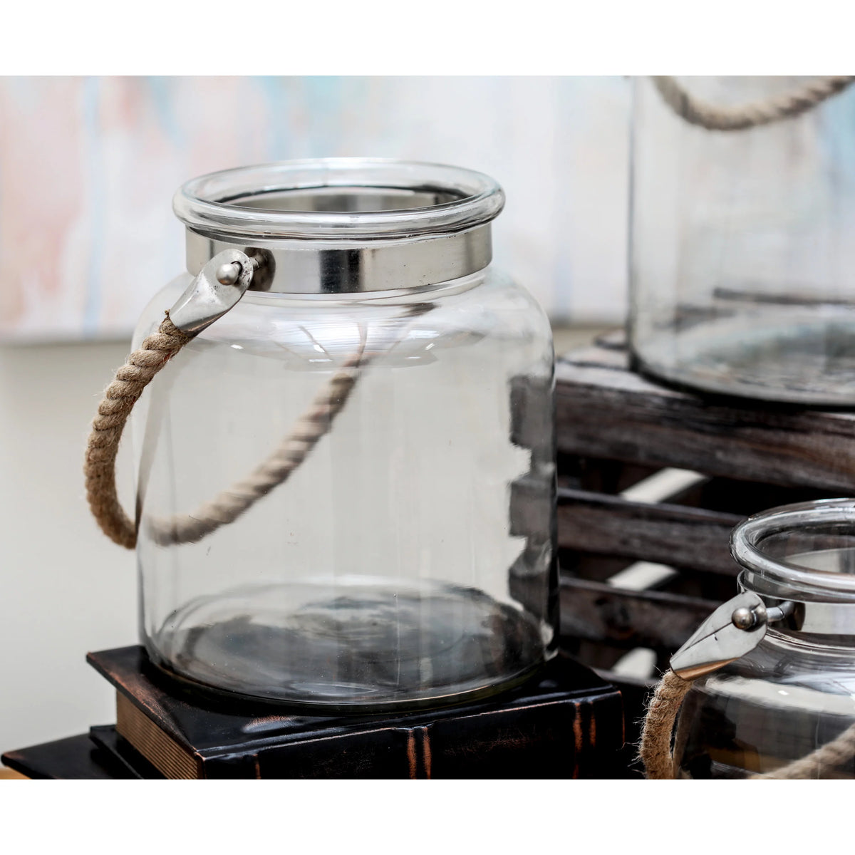 Clear Glass Handmade Decorative Candle Lantern with Rope Handle K1518