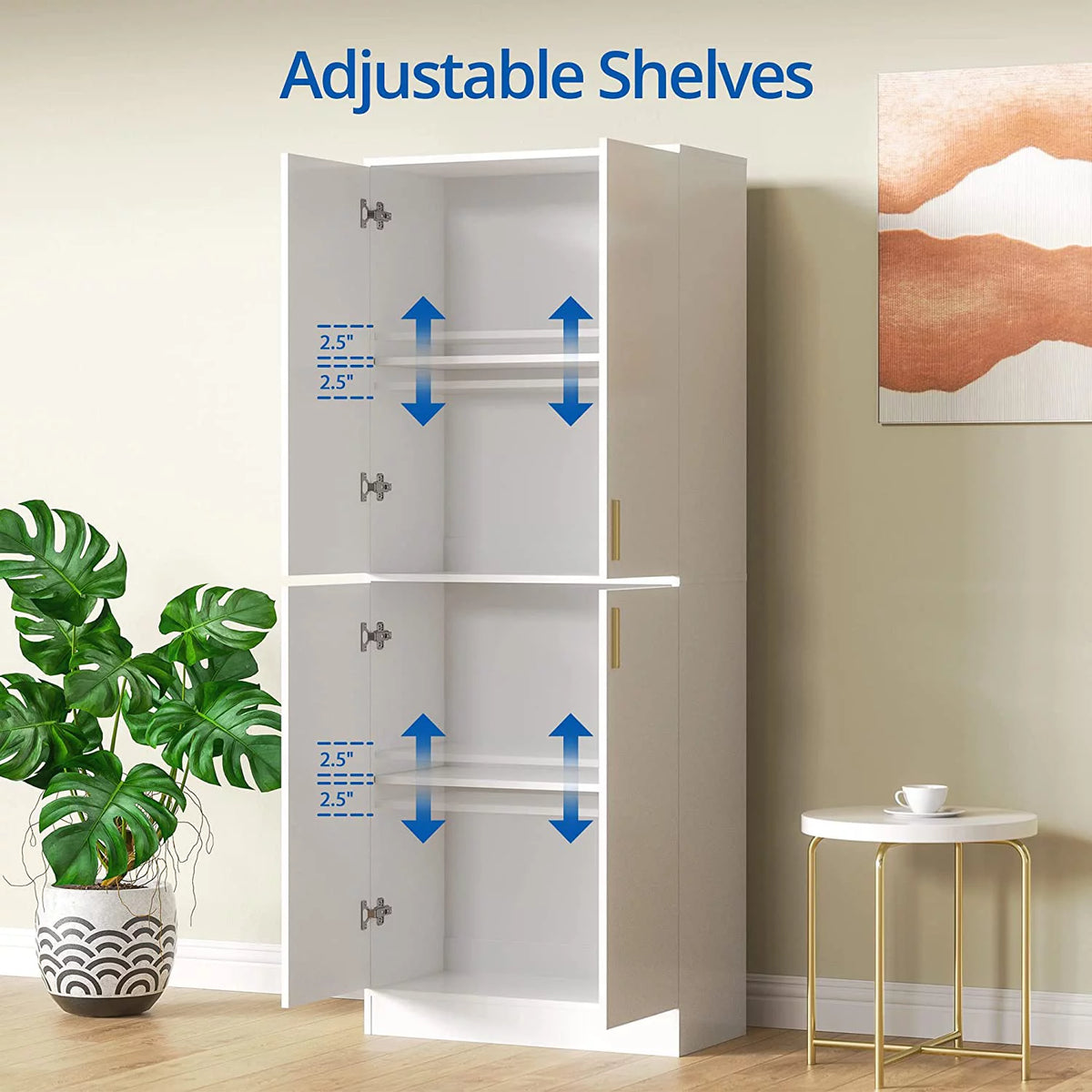 71" Tall White Freestanding Pantry Cabinet with Adjustable Shelves N216727