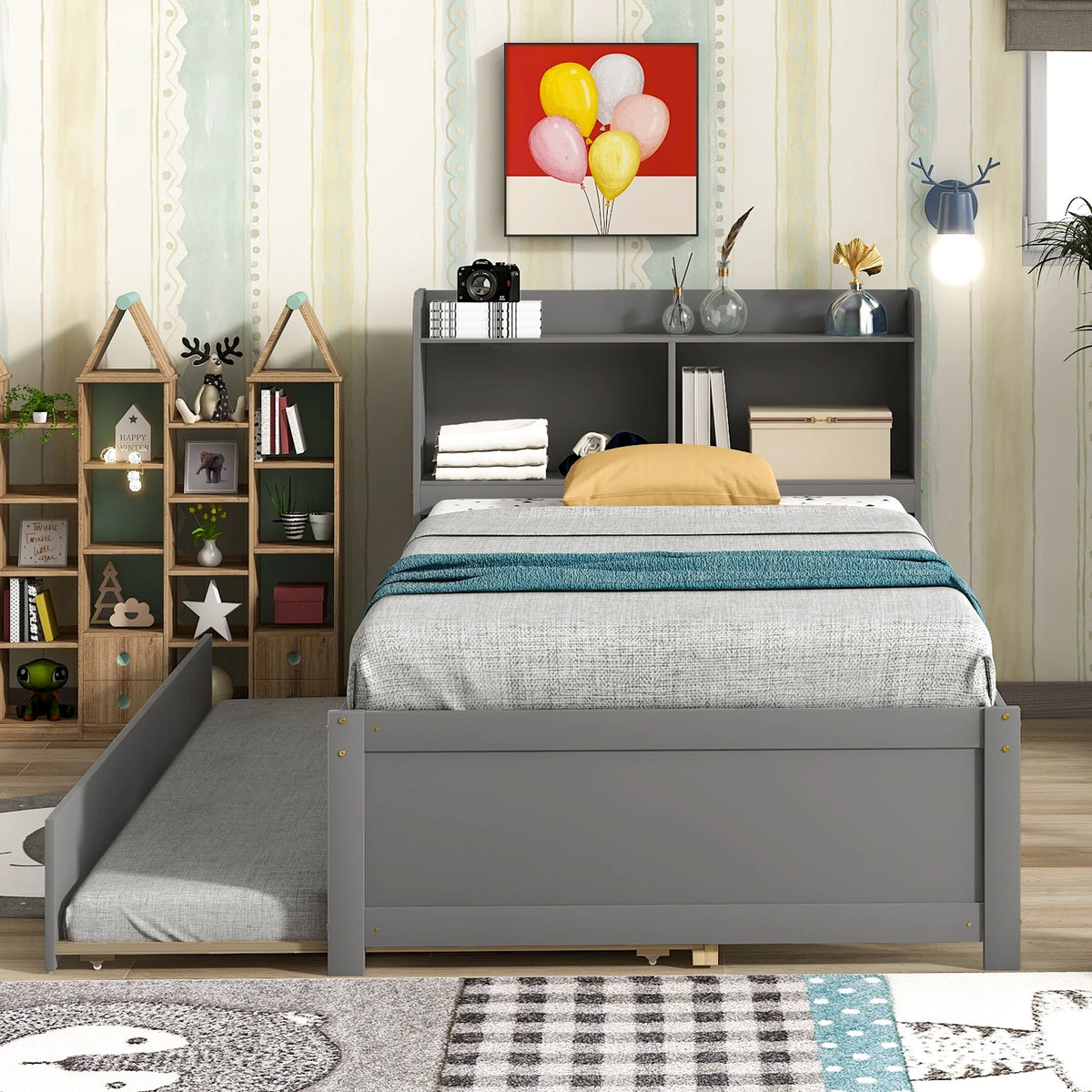 Solid Wood Twin Size Bed Frame with Storage and Trundle L66320