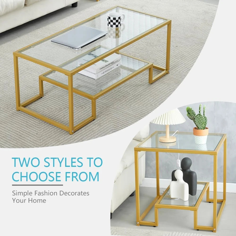 Black Metal Glass Coffee Table with 2 Shelves Y266496