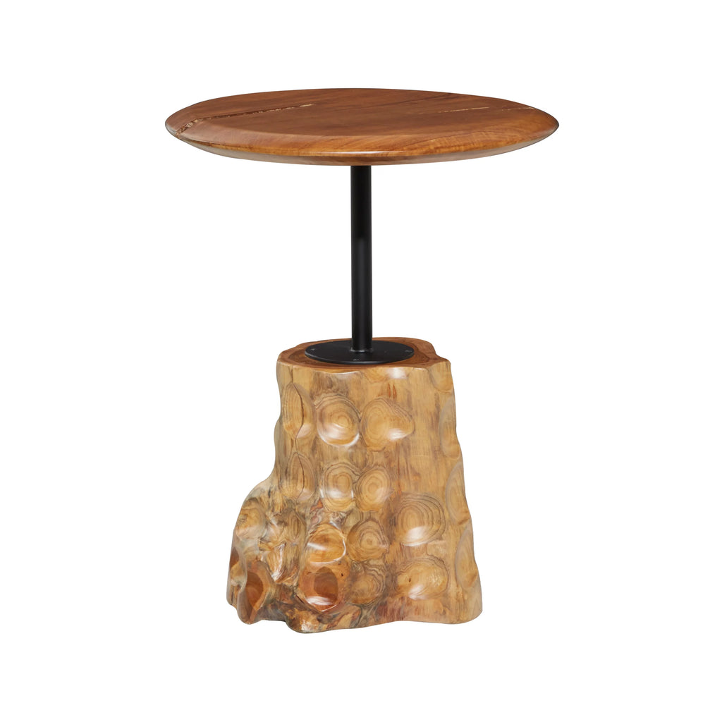 Brown Teak Wood Live Edge Accent Table with Tree Stump Base N908