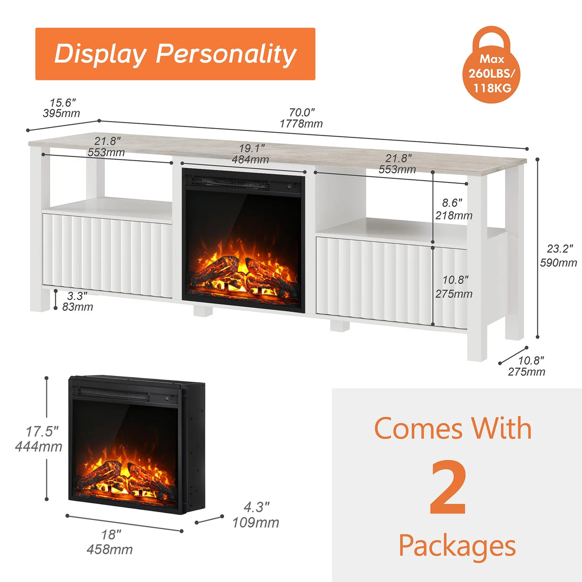 White Electric Fireplace TV Stand up to 80 Inch P5410
