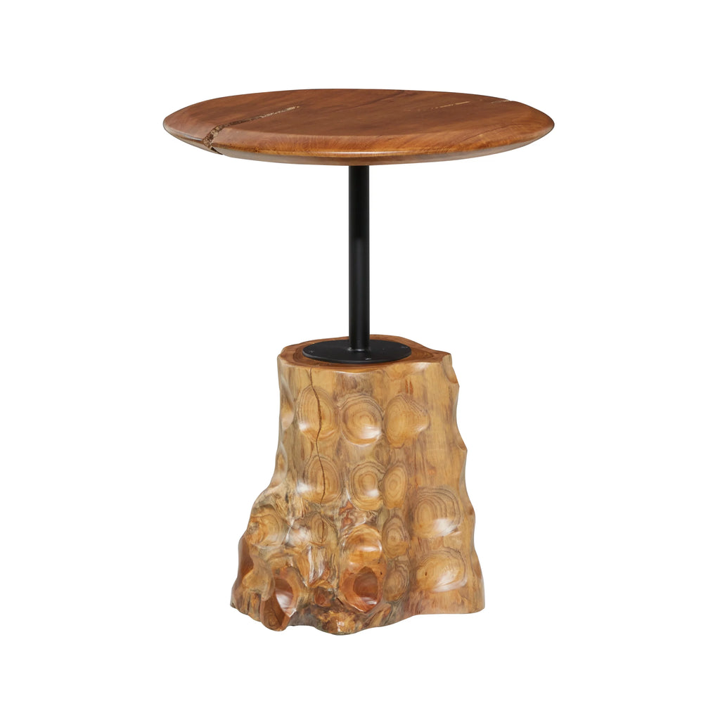 Brown Teak Wood Live Edge Accent Table with Tree Stump Base N908