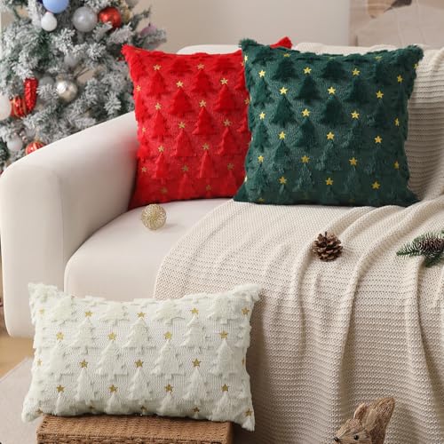 Dark Green Christmas Tree Pillow Covers 18 x 18 inch Set of 2 Plush Faux Fur I12057