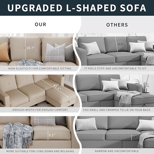L Shaped Linen Fabric Sectional Sofa with Reversible Chaise L202